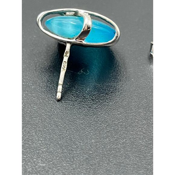 DOBBS 925 PE Sterling Silver Blue Stone Cabochon Pierced Earrings Vintage 5/8" - Picture 8 of 16